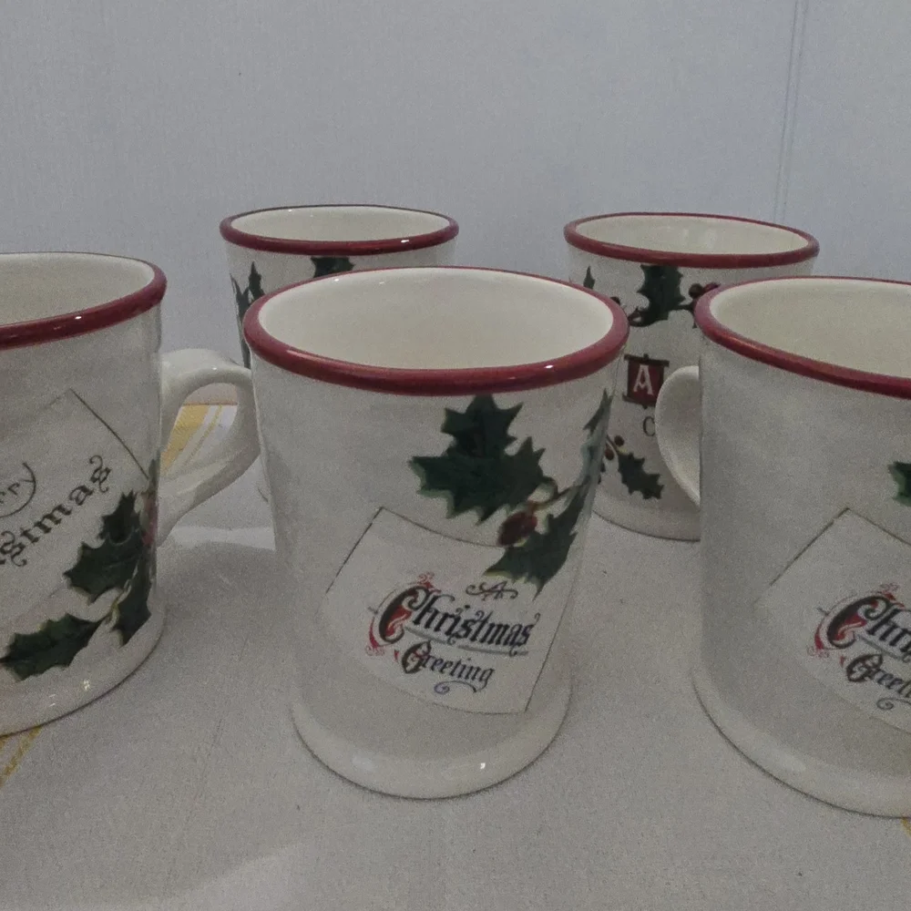 Williams Sonoma Christmas Mugs - Red and Green Holly Design